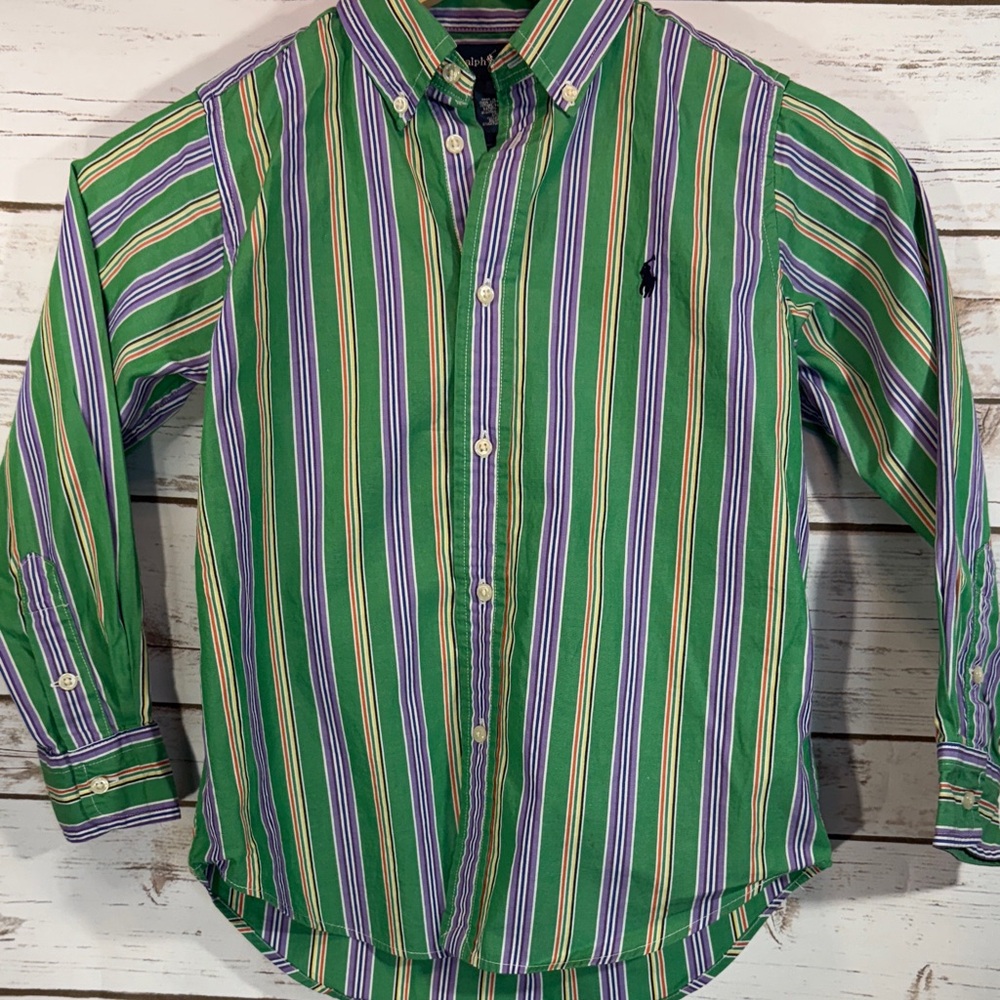 Ralph Lauren Boys Shirt Button Down long Sleeve With Green and Purple Strips EUC - Picture 2 of 9